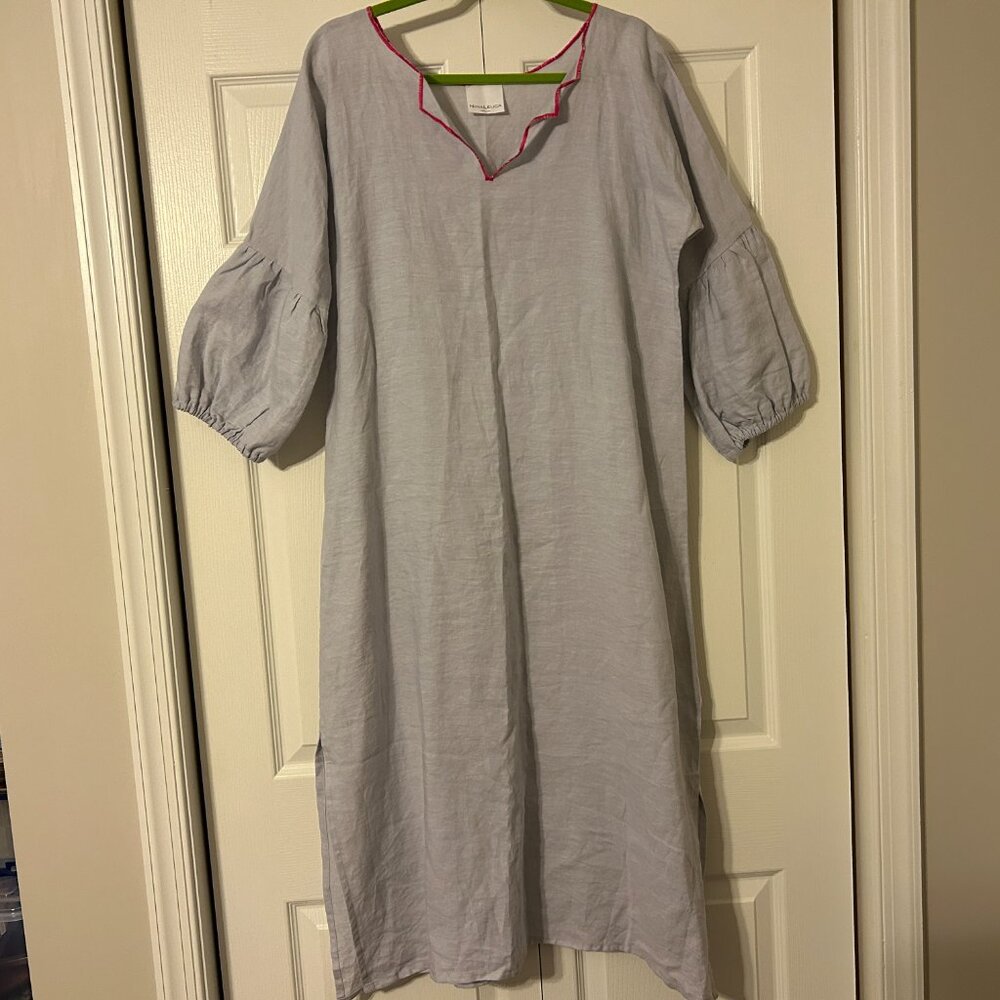 NINA LEUCA Sz XL Gray with Pink Trim 100% Linen 3/4 Sleeves Maxi Dress ITALY